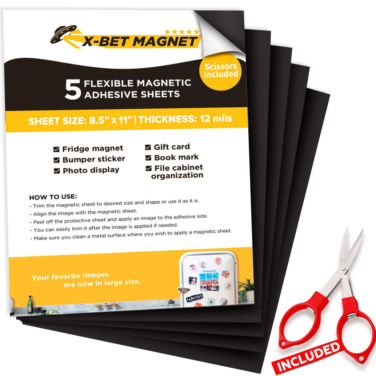 X-BET MAGNET Feuille Magnétique avec Support Adhésif - 5 PC de 10 cm x 15  cm chacun - Papier Magnétique Souple et Aimant Autocollant - Stickers