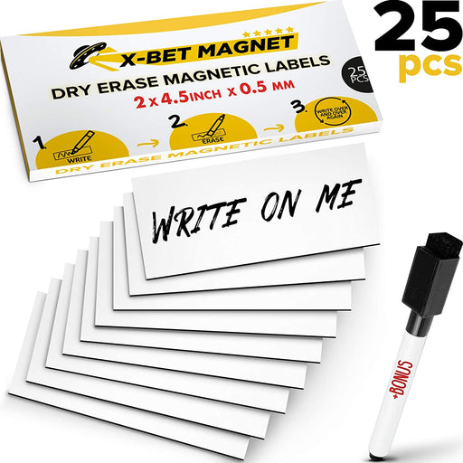Magnetic Labels Dry Erase - Dry Erase Magnetic Strips for Metal Shelving and Whiteboards - Blank Write On Magnets - 25 PCs