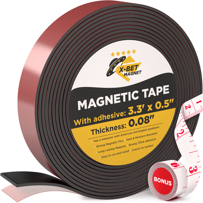 Flexible Magnetic Tape – 0.5 Inch x 3.3 Feet - Adhesive Magnetic Strip -  Sticky Magnets for Fridge and Dry Erase Board