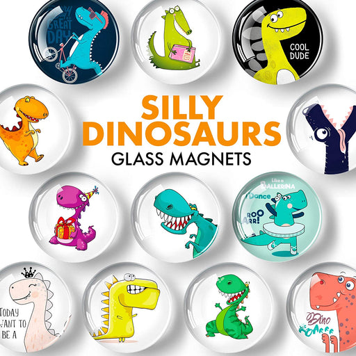 Dinosaurs Glass Magnets - Cute Fridge Magnets - Funny Magnets for Fridge - Craft Magnets Round - 12 PCs