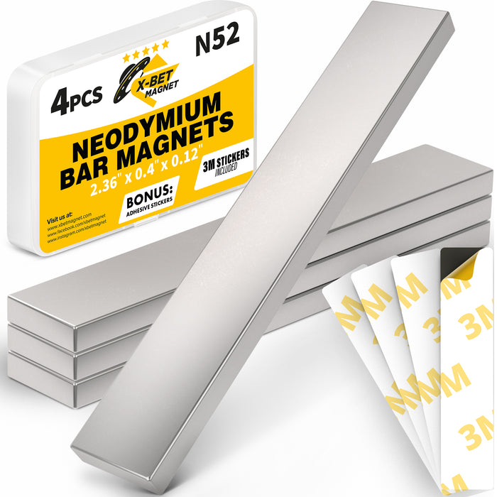 Super Strong Neodymium Bar Magnets with Adhesive Backing 4 PCs – Heavy Duty N52 Neodymium Magnet